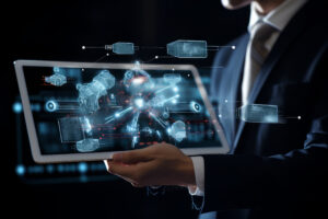 Man showing futuristic dashboard on laptop to show Power platform and AI for automation
